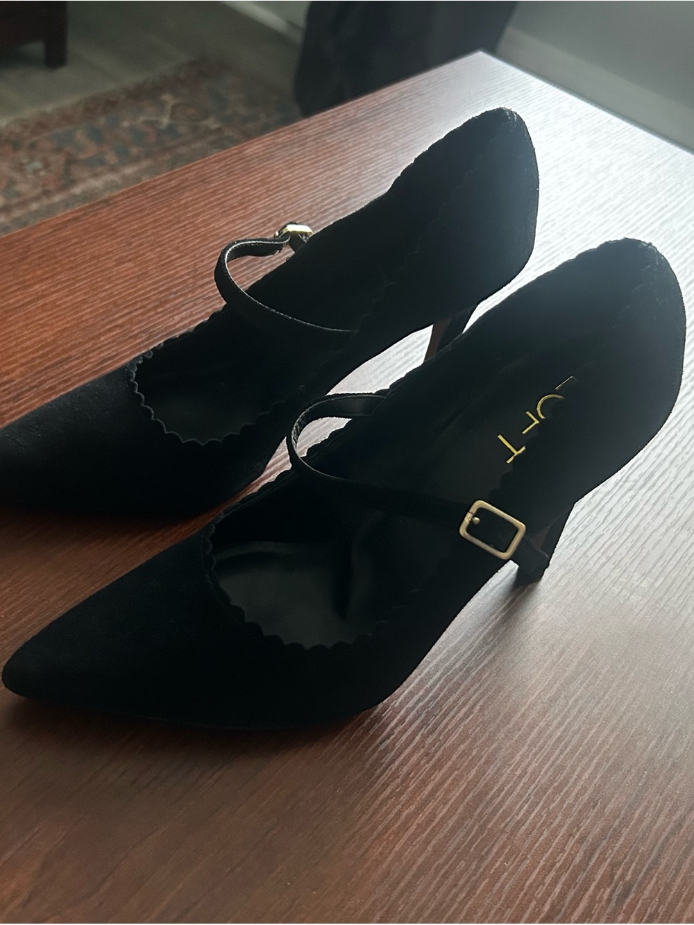 LOFT Black Suede Scalloped Mary Jane Pointed Toe Heels